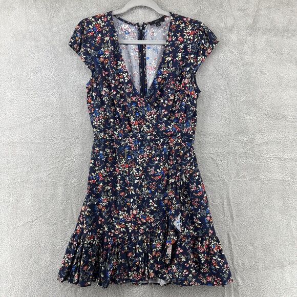 J Crew Dress Womens 6 Blue Floral Mini Faux Wrap Ruffle Front Cap Sleeves V Neck - Picture 1 of 15
